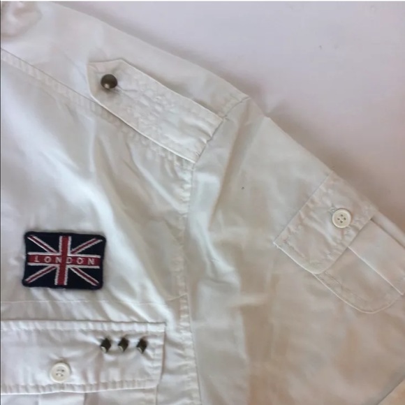For Him U. K. Men Shirt Short Sleeve White Military Patches Large - Picture 2 of 11